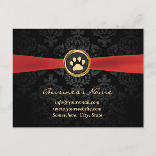 Pet Sitting Gold Paw & Red Ribbon Elegant Damask Briefkaart