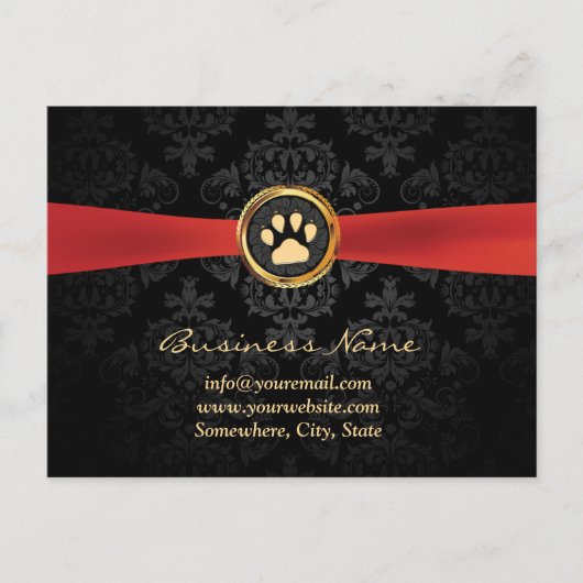 Pet Sitting Gold Paw & Red Ribbon Elegant Damask Briefkaart (Voorkant)