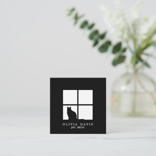 Pet Sitting Groomer Service Modern Black and White Vierkante Visitekaartje (Staand voorkant)
