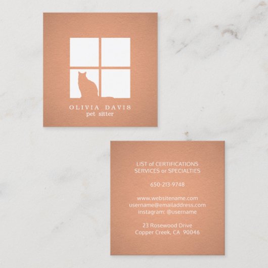 Pet Sitting Groomer Services Copper Metallic look Vierkante Visitekaartje (Voorkant / Achterkant)