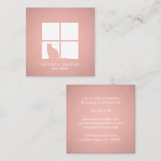 Pet Sitting Groomer Services roze Rose Gold Modern Vierkante Visitekaartje (Voorkant / Achterkant)