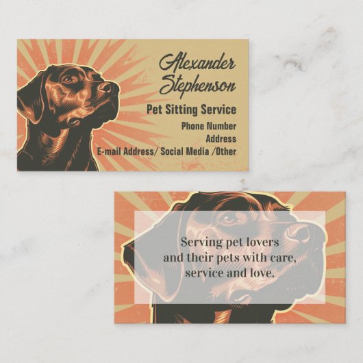 Pet Sitting Service Dog Walking Retro Black Lab Visitekaartje (Voorkant / Achterkant)