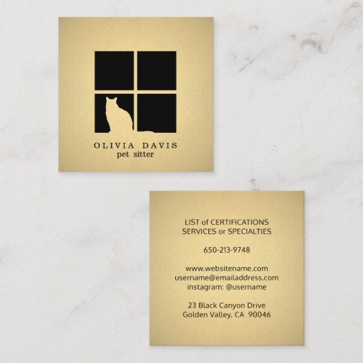 Pet Sitting Services Zwart en Goud Faux Metallic Vierkante Visitekaartje (Voorkant / Achterkant)