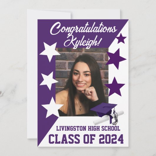 Pet & Sterren 5x7 Paarse en witte Afstuderen Kaart (Voorkant)