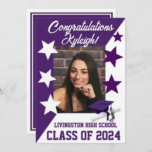 Pet & Sterren 5x7 Paarse en witte Afstuderen Kaart (Voorkant / Achterkant)