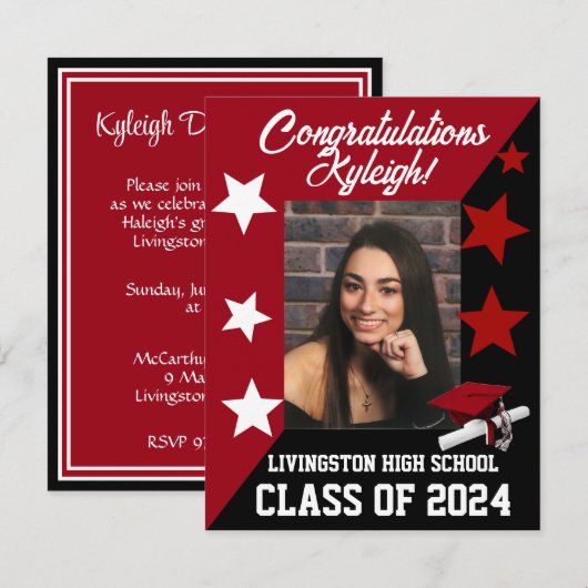 Pet & sterren Scarlet Red & Black Afstuderen Kaart (Voorkant / Achterkant)