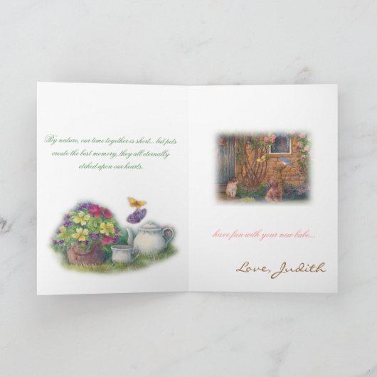 Pet sympathie, kat in tuin, aangepaste boodschap kaart (Binnen)