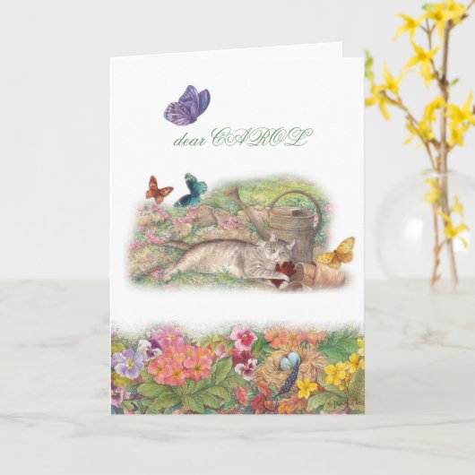 Pet sympathie, kat in tuin, aangepaste boodschap kaart (Gele Bloem)