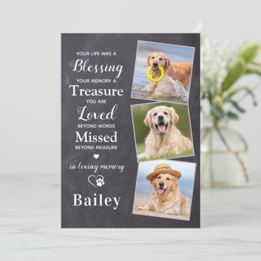 Pet Sympathie Persoonlijk 3 Foto Dog Memorial Bedankkaart (Staand voorkant)