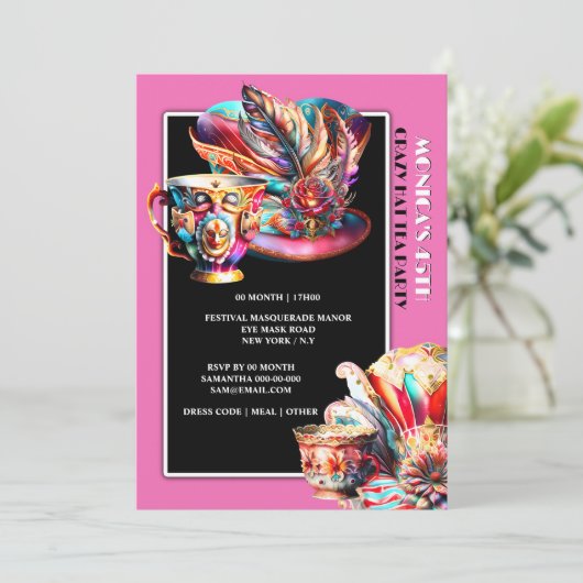Pet Tea Party Festival Masquerade Feather Pink Kaart (Staand voorkant)