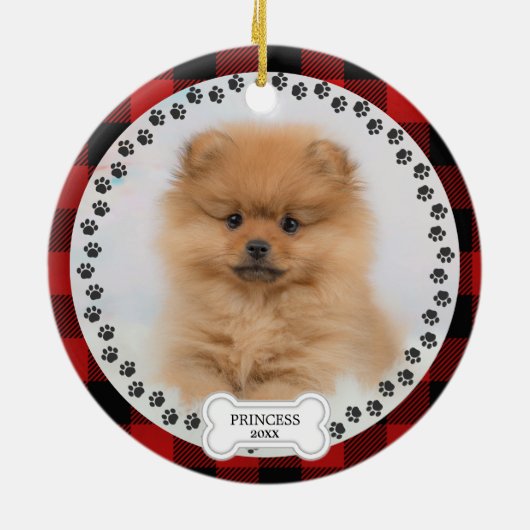 Pet Two Foto Kerst Rood Plaid Gepersonaliseerd Keramisch Ornament (Achterkant)