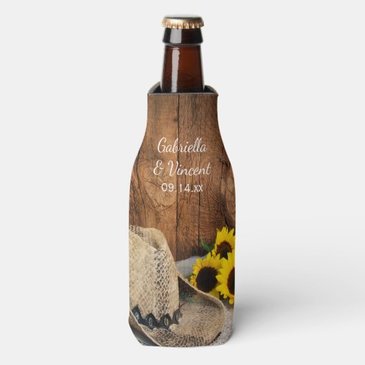 Pet van cowboy, zonnebloemen, Westerne bruiloft va Flesjeskoeler (Fles Voorkant)