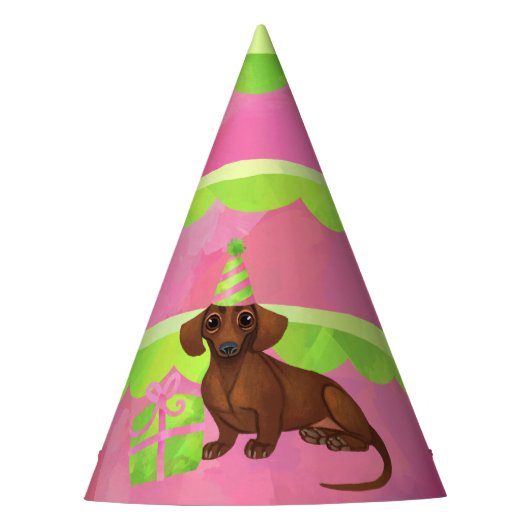 Pet van de roze en groene Dachshund Birthday Party Feesthoedjes (Voorkant)