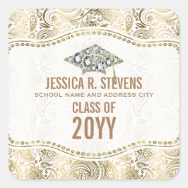 Pet van het Afstuderen Gold & White Floral Paisley Vierkante Sticker