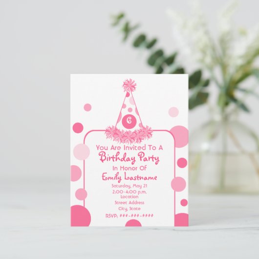 Pet van roze poka Dot Birthday Party uitnodigen Kaart (Staand voorkant)