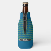 Pet voor bier/flesje open blauw/geel op grijs flesjeskoeler (Fles Achterkant)