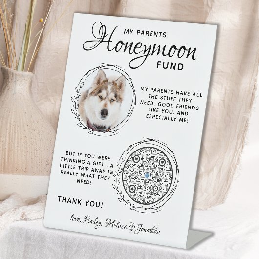 Pet Wedding Dog Foto QR Code Honeymoon Fund Reclamebord Met Voetstuk
