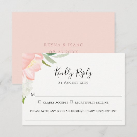 Petaal Roze Bloemen Bruiloft Voedsel Allergie RSVP (Voorkant / Achterkant)