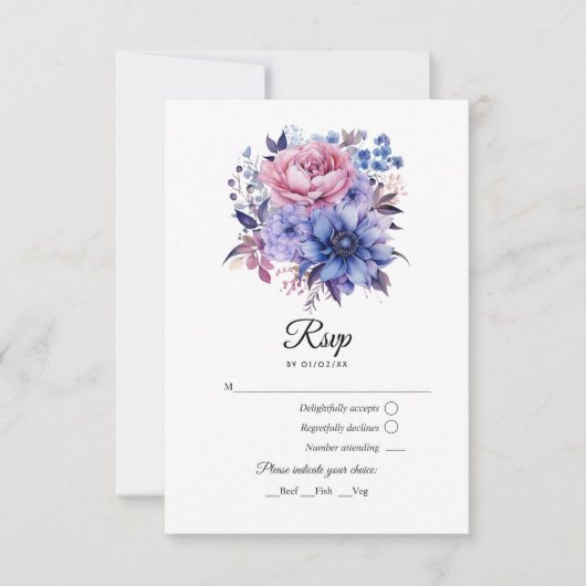 Petaal Roze, Korenbloem Blauw & Mauve Paarse Bruil RSVP Kaartje (Voorkant)