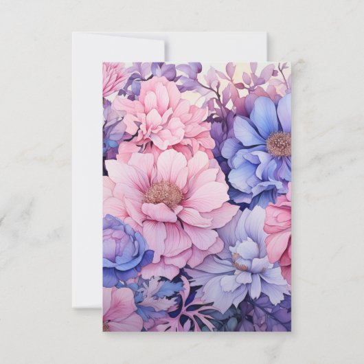 Petaal Roze, Korenbloem Blauw & Mauve Paarse Bruil RSVP Kaartje (Achterkant)