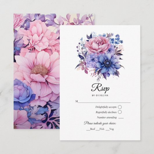 Petaal Roze, Korenbloem Blauw & Mauve Paarse Bruil RSVP Kaartje (Voorkant / Achterkant)