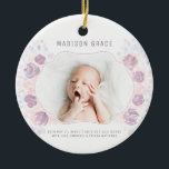 Petal Baby Girl Aankondiging Aangepaste foto Keramisch Ornament<br><div class="desc">Petal Baby Girl Birth Announcement Custom Photo design met handgetekende fancy gebogen lijst, pasteltinten van blush pink, en mauve paarse waterverf bloemetjes en bloemblaadjes. Een schattige manier om het nieuwste lid van het gezin te shows! Vervang het afbeelding gewoon door uw eigen foto en verander de tekstvelden. Schattigee en leuke...</div>