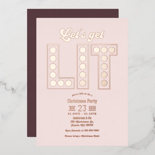 Petal Glow Let's Get Lit Retro Christmas Party Folie Uitnodiging (Voorkant / Achterkant)