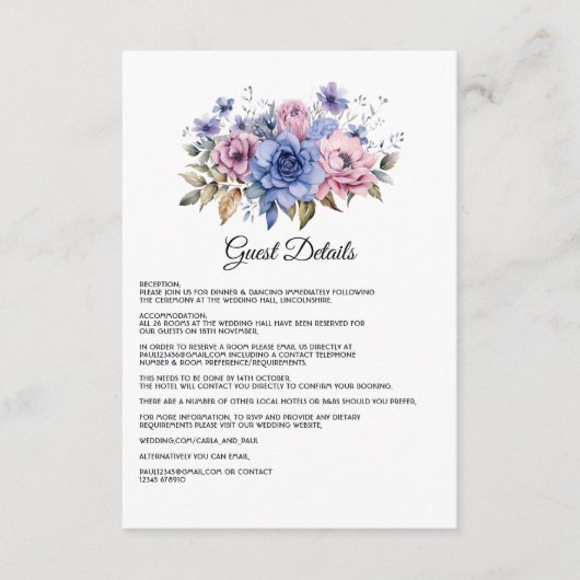 Petal Pink, Cornflower Blue & Mauve Gastgegevens Informatiekaartje (Voorkant)