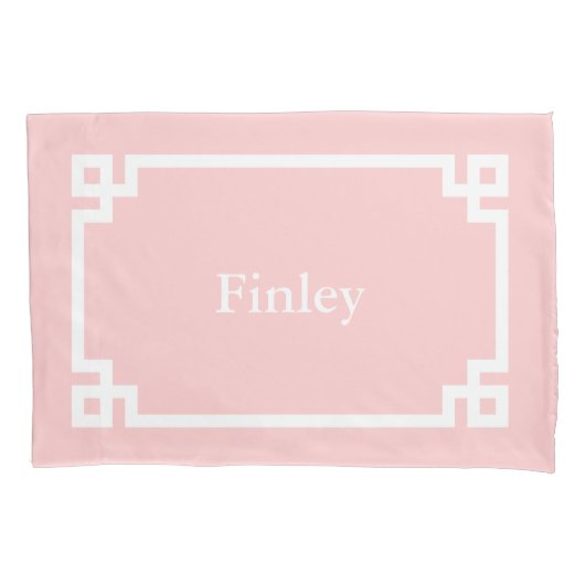 Petal Pink Greek Key Monogram Standaard Kussen Hoe Kussensloop (Voorkant)