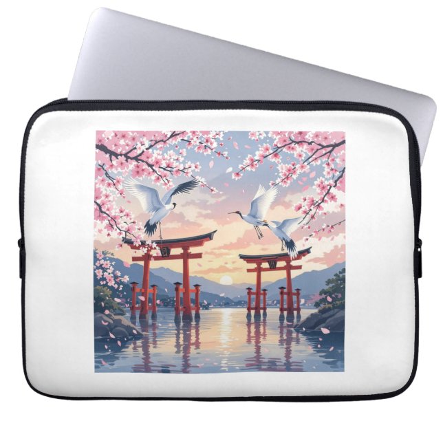 Petal Reverie—A Crane’s Serenade at Sundown Laptop Sleeve (Voorkant)