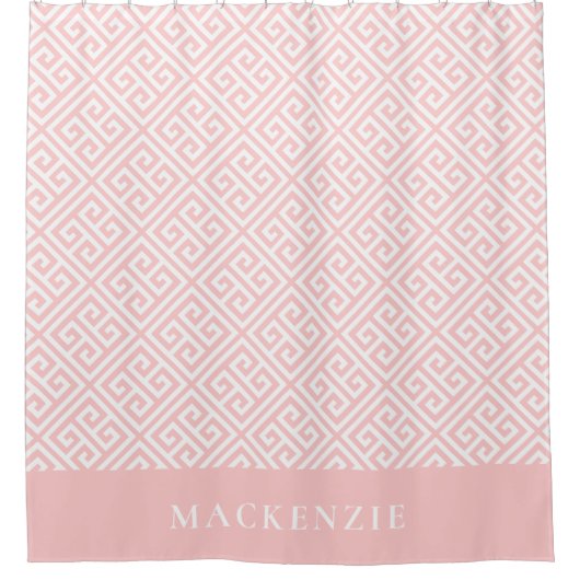 Petal Roze en Wit Griekse sleutelnaam Monogram Douchegordijn (Voorkant)