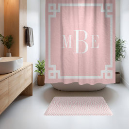 Petal roze en witte Griekse sleutel | met monogram Douchegordijn