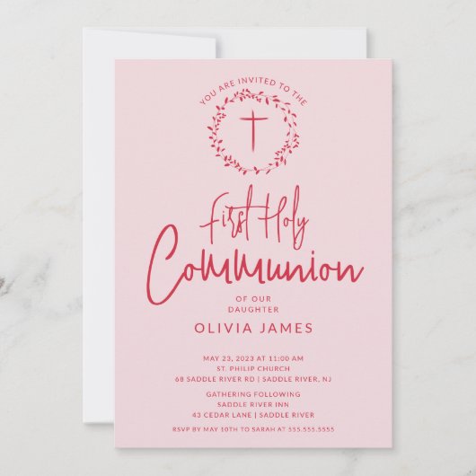 Petal Roze Meisjes Communie Uitnodiging (Voorkant)