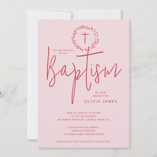 Petal Roze Meisjes Doop Uitnodiging (Voorkant)