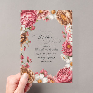Petal Roze, Mocha Latte & Ivory Parel Trouwdag Acryl Uitnodigingen