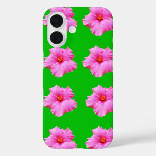 Petal Serenity: Pink Hibiscus op een groen doek iPhone 16 Hoesje