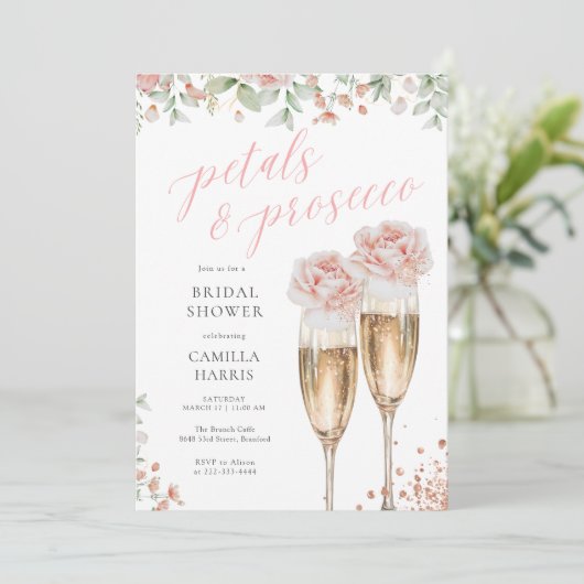 Petalen en Prosecco Bloemblush Vrijgezellenfeest Kaart (Staand voorkant)