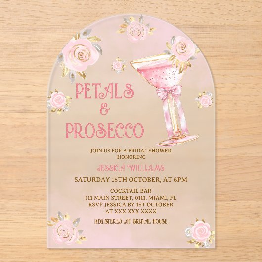 Petalen en Prosecco Elegant Bloemen Vrijgezellenfe Acryl Uitnodigingen (Voorkant)