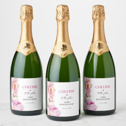 Petalen en prosecco felroze pioen bruids sparkling wijnetiket (Flessen)