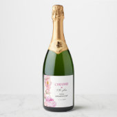 Petalen en prosecco felroze pioen bruids sparkling wijnetiket (Voorkant)