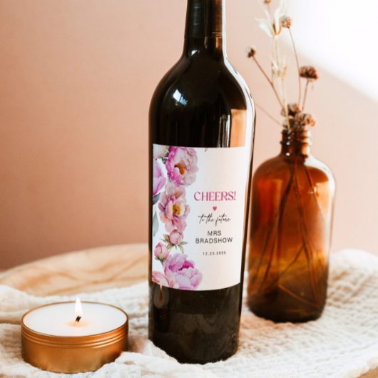 Petalen en prosecco felroze pioen bruids wijn etiket