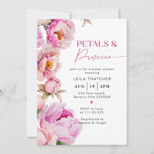 Petalen en prosecco felroze vrijgezellenfeest kaart (Voorkant)