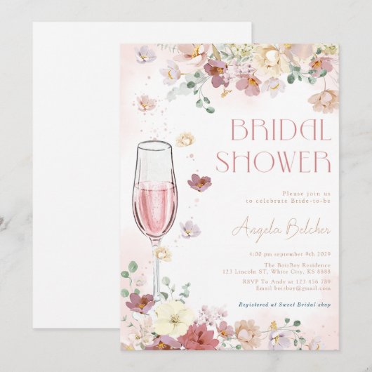 Petalen en Prosecco met Wildflower Vrijgezellenfee Kaart (Voorkant / Achterkant)