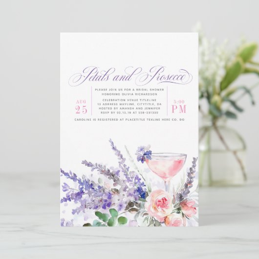 Petalen en Prosecco Paarse Bloemen Vrijgezellenfee Kaart (Staand voorkant)