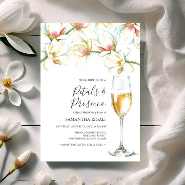 Petalen en Prosecco Wit Bloemen Vrijgezellenfeest (Bridal shower invitations watercolor white magnolia flowers by Victoria Grigaliunas Do Tell A Belle)
