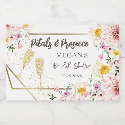 Petalen & Prosecco | Roze Bloemen Goud Vrijgezelle Sparkling Wijnetiket (Enkel label)