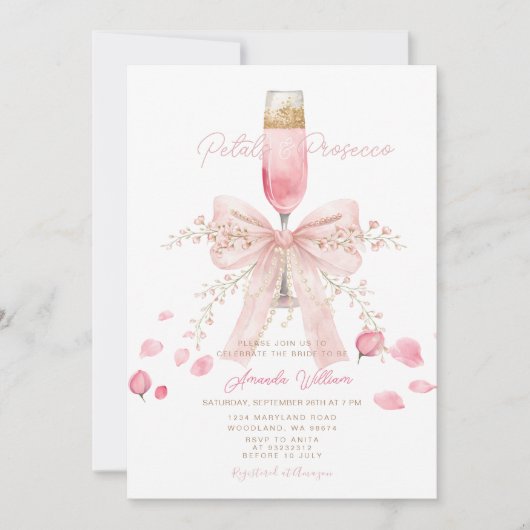 Petals and Prosecco Blush Bow Petals Bridal Shower Kaart (Voorkant)