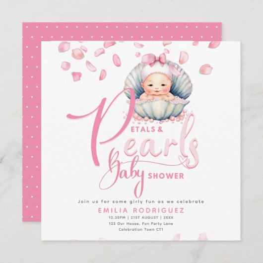 Petals en Parels Roze Baby Meisje Douche Kaart (Voorkant / Achterkant)