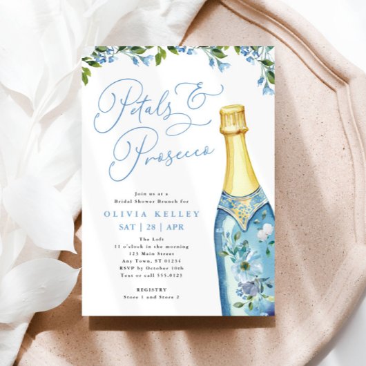 Petals en Prosecco Blauw geschilderde Fles Brunch Kaart