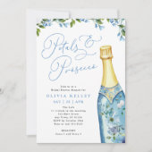 Petals en Prosecco Blauw geschilderde Fles Brunch Kaart (Voorkant)